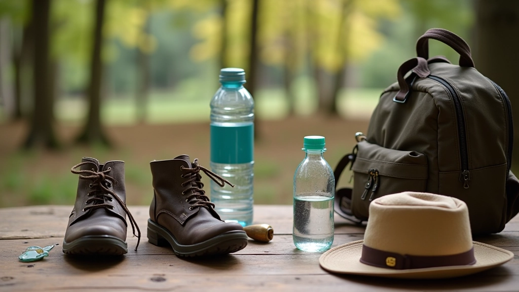 Carefully organized visitor essentials: comfortable walking shoes, water bottle, light jacket, hat, and small backpack arranged on wooden table, natural lighting