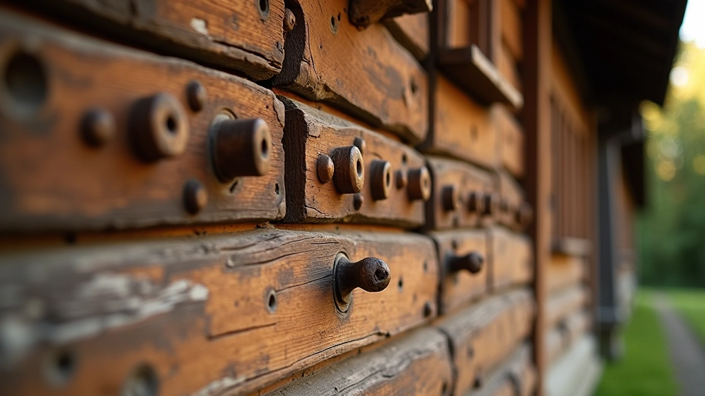 Close-up of traditional wooden architectural details and decorative elements on historic farmstead buildings