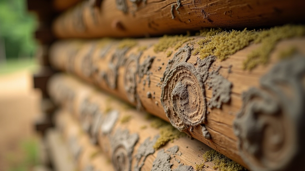 Close-up detail of thick wooden log walls with clay chinking showing traditional construction methods