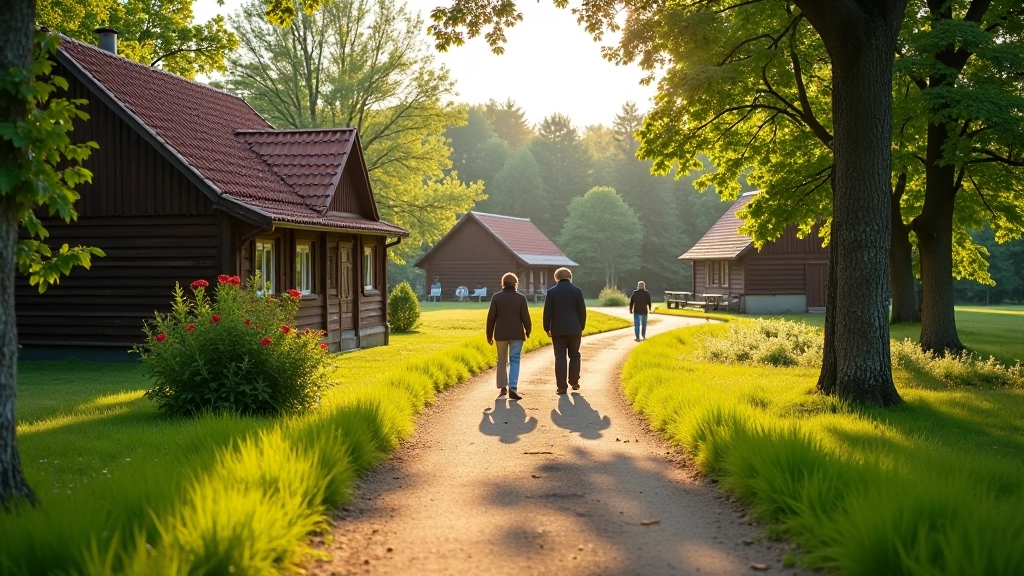 Walking path through ethnographic museum grounds with traditional farmstead buildings