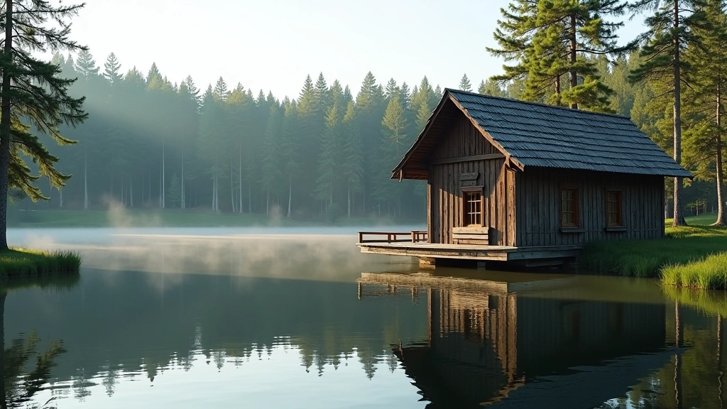 Serene Jugla Lake with traditional wooden boathouse reflected in calm water, surrounded by pine trees, early morning light casting long shadows