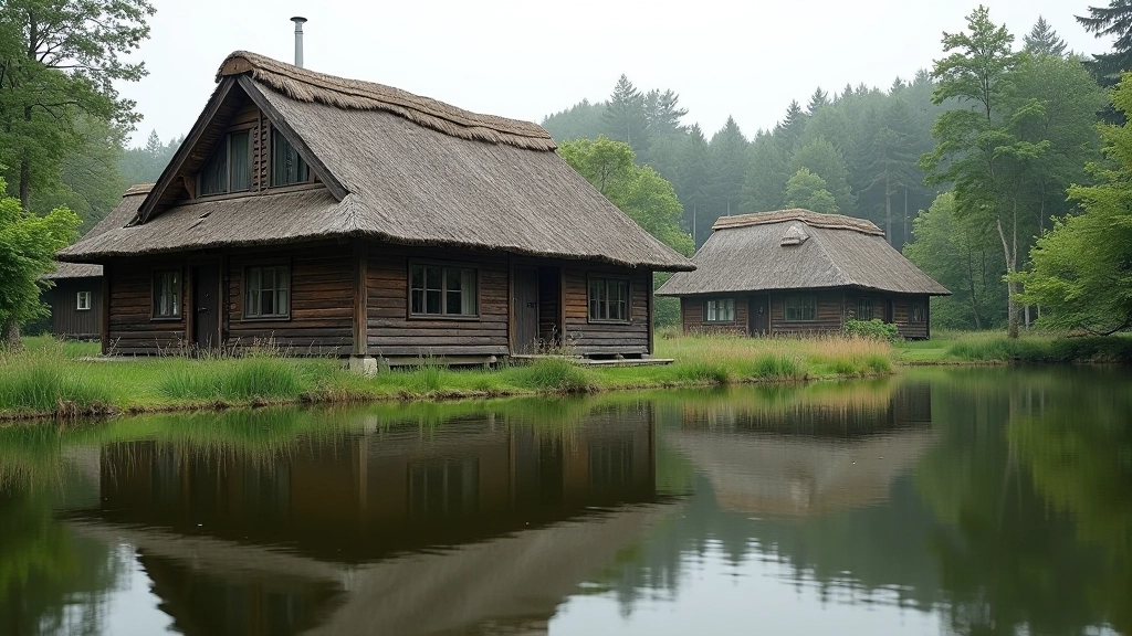 Historic wooden cottage with thatched roof reflected perfectly in still lake water, surrounded by native trees and vegetation