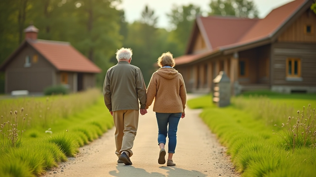 Two adults walking together on woodland path with pleasant expressions and comfortable pace