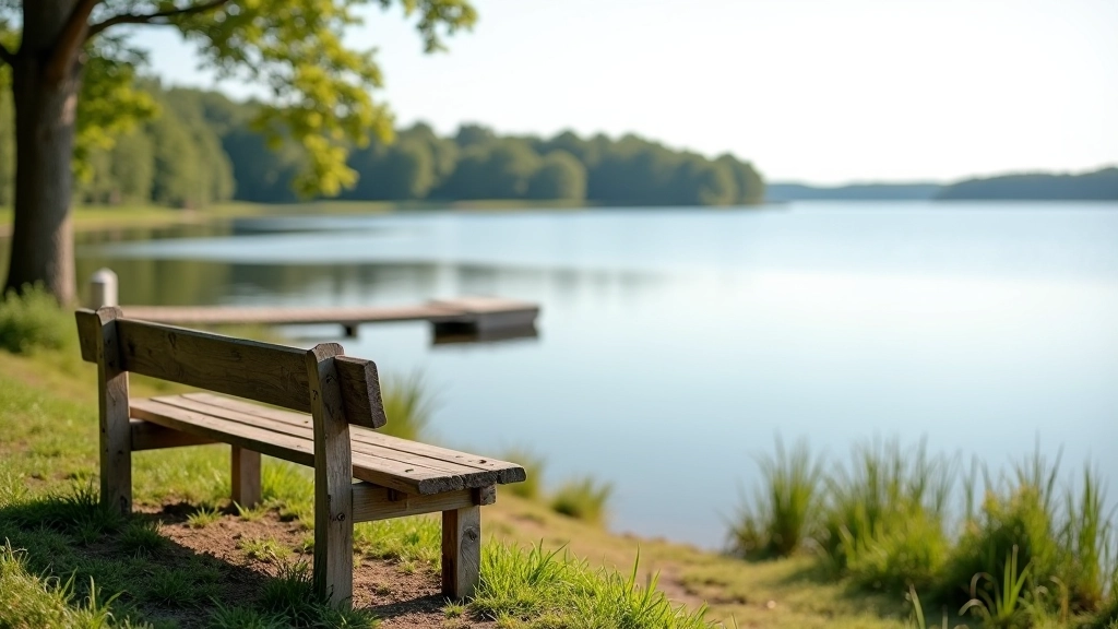 Comfortable wooden bench overlooking lake with clear sightlines to water and distant shoreline, surrounded by native vegetation