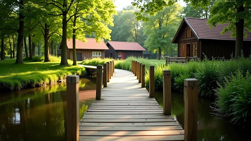 Wooden footbridge over gentle stream with historic farmstead buildings visible through trees in soft natural light